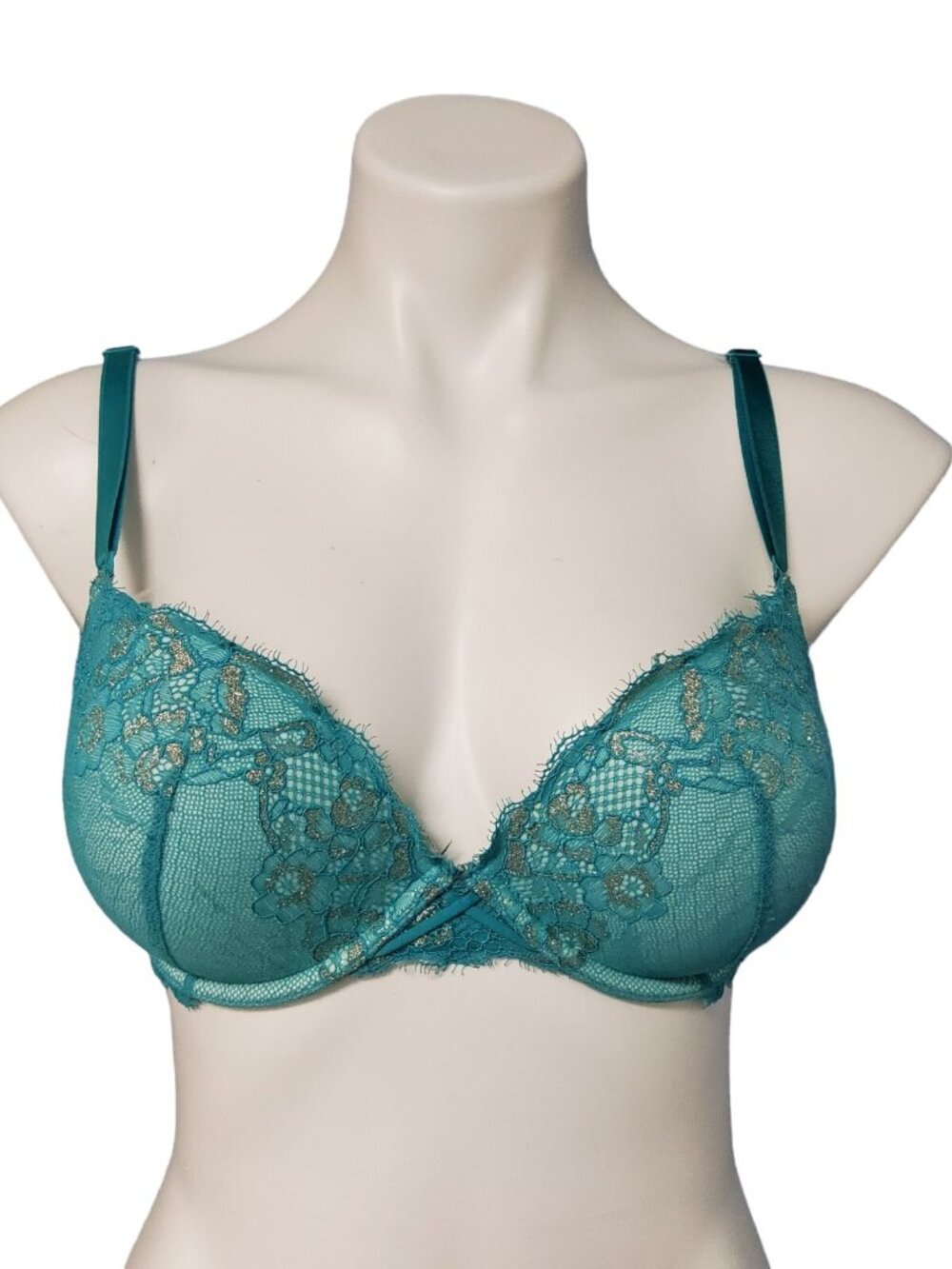 Ambrielle Womens 36C Plunge Pushup Bra Lace Padded Underwire Turquoise Teal